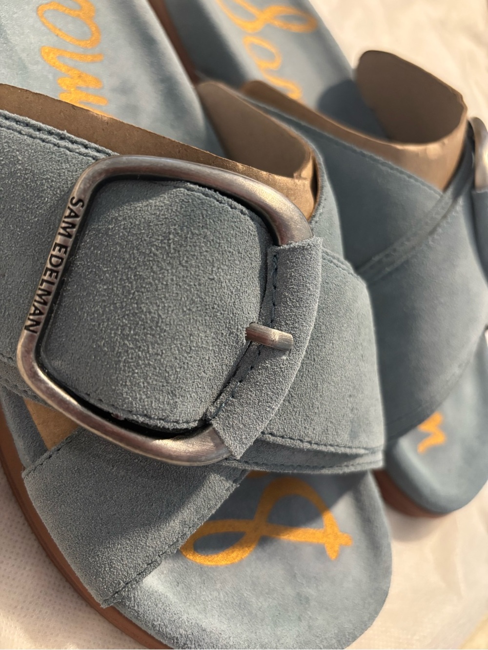 Sam Edelman ‘Darla’ Coastal Blue Suede Big Buckle Slide Sandals - Picture 3 of 6